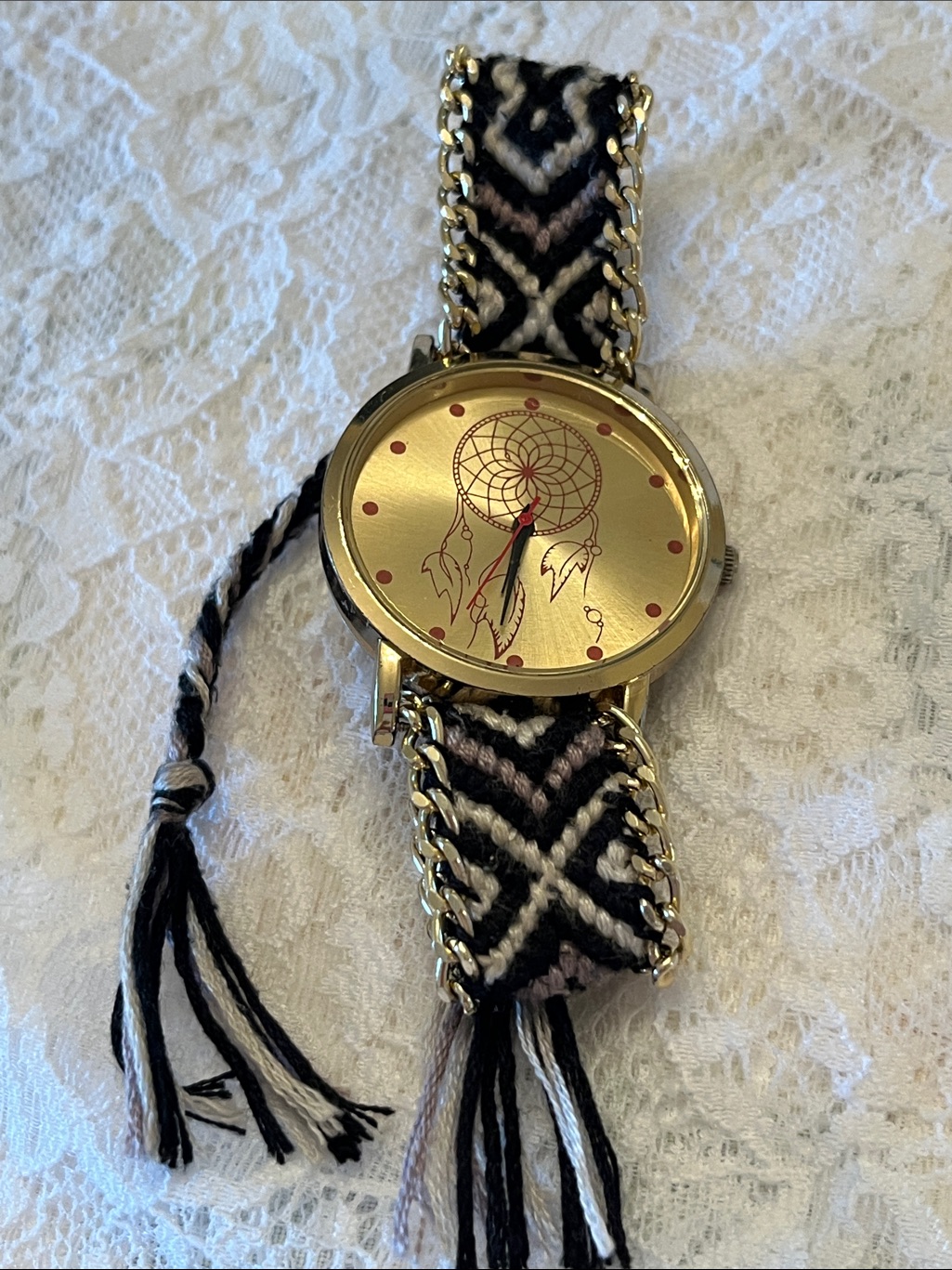 Gold Dreamcatcher Face Bracelet Watch With Black  Cream Woven Band